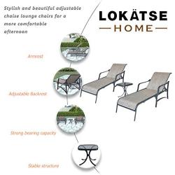 LOKATSE HOME Outdoor Patio Adjustable Metal Chaise Lounge Chair Recliner Set of 2 with 1 Glass Top Bistro Table - Grey