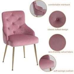 FCQuality Velvet Vanity Chair with Tufted Back Gold Metal Legs Dining Chair Mid Century Modern Upholstered Accent Desk Chair for Living Room Home Office Bedroom, Pink