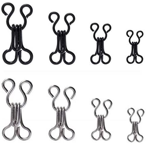 80 Set Sewing Hooks and Eyes Closure for Bra, Fur Coat Jacket and Clothing, Metal Buttons Trousers Hook, Silver and Black, 4 Sizes