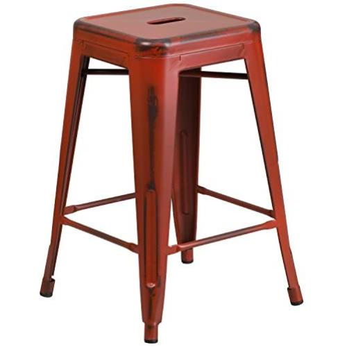 Flash Furniture Commercial Grade 24'' High Backless Distressed Kelly Red Metal Indoor-Outdoor Counter Height Stool