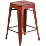 Flash Furniture Commercial Grade 24'' High Backless Distressed Kelly Red Metal Indoor-Outdoor Counter Height Stool