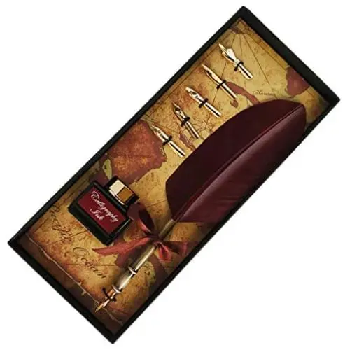 KenTaur Calligraphy Quill Pen Set (CS-0205) - Dip Pen with Brown Turkey Feather, 6 Stainless Steel Nib, and European Ink. Great for Beginner/Enthusiast KenTaur Calligraphy Quill Pen Set (CS-0205) - Dip Pen with Brown Turkey Feather, 6 Stainless Steel Nib, and European Ink. Great for Beginner/Enthusiast