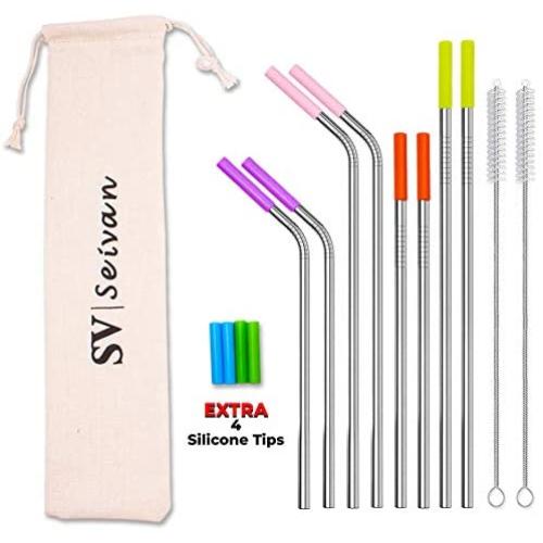 SEIVAN STRAWS Set of 8 Stainless Steel Reusable Metal Straws with Silicone Tip - Metal Drinking Straws for 30oz 20oz Yeti RTIC Tumbler - 8 Steel Straws, 12 Silicone Tips, 2 Straw Cleaning Brush, Pouch