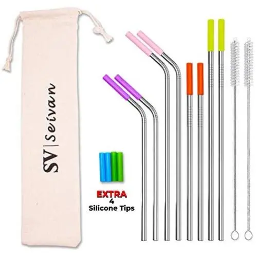 SEIVAN STRAWS Set of 8 Stainless Steel Reusable Metal Straws with Silicone Tip - Metal Drinking Straws for 30oz 20oz Yeti RTIC Tumbler - 8 Steel Straws, 12 Silicone Tips, 2 Straw Cleaning Brush, Pouch