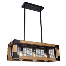 Lingkai Industrial Kitchen Island Light 3-Light Wood Chandelier Farmhouse Pendant Hanging Light Fixture Rectangle Wood Frame Metal Caged Ceiling Light