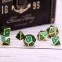 Hestya 7 Pieces Metal Dices Set DND Game Polyhedral Solid Metal D&D Dice Set with Storage Bag and Zinc Alloy with Enamel for Role Playing Game Dungeons and Dragons, Math Teaching (Gold Edge Green)