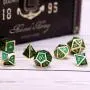 Hestya 7 Pieces Metal Dices Set DND Game Polyhedral Solid Metal D&D Dice Set with Storage Bag and Zinc Alloy with Enamel for Role Playing Game Dungeons and Dragons, Math Teaching (Gold Edge Green)