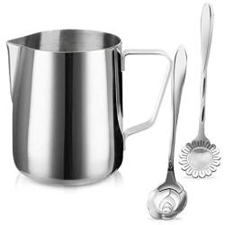 Milk Frothing Pitcher Jug - 12oz/350ML Stainless Steel Coffee Tools Cup - Suitable for Espresso, Latte Art and Frothing Milk, Attached Dessert Coffee Spoons