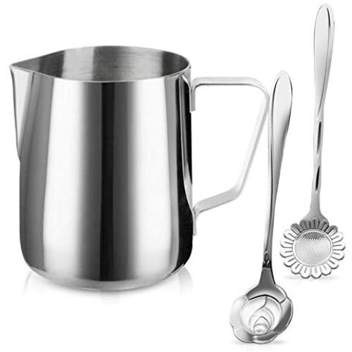 Milk Frothing Pitcher Jug - 12oz/350ML Stainless Steel Coffee Tools Cup - Suitable for Espresso, Latte Art and Frothing Milk, Attached Dessert Coffee Spoons