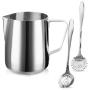 Milk Frothing Pitcher Jug - 12oz/350ML Stainless Steel Coffee Tools Cup - Suitable for Espresso, Latte Art and Frothing Milk, Attached Dessert Coffee Spoons