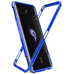 MME ASUS ROG 2 Phone Case Bumper Metal Luminescent Rubber Corner Shockproof Full Body Protection with Tempered Glass Screen Protector and Anti-Scratch Carbon Fiber Skin Back (Blue)