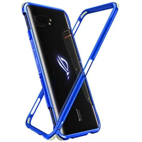 MME ASUS ROG 2 Phone Case Bumper Metal Luminescent Rubber Corner Shockproof Full Body Protection with Tempered Glass Screen Protector and Anti-Scratch Carbon Fiber Skin Back (Blue)