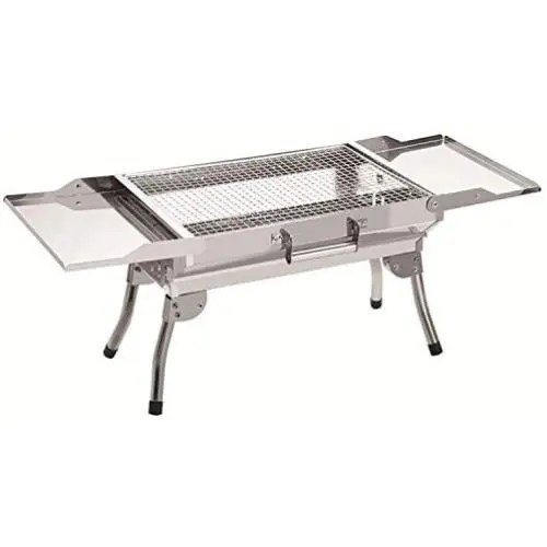 ColourTree Stainless Steel Portable Travel Folding Barbecue BBQ Charcoal Grill with Legs - Silver Chrome, Lightweight, Foldable - for Camping, Picnic, Outdoor - 32''L x 12W x 14''H, (Silver)