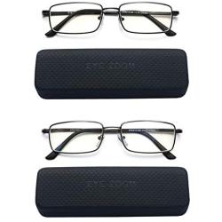 EYE ZOOM 2 Pack Blue Light Blocking Reading glasses Rectangular Metal Anti Blue Ray and UV Readers, Black, Gunmetal