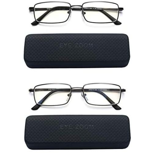 EYE ZOOM 2 Pack Blue Light Blocking Reading glasses Rectangular Metal Anti Blue Ray and UV Readers, Black, Gunmetal