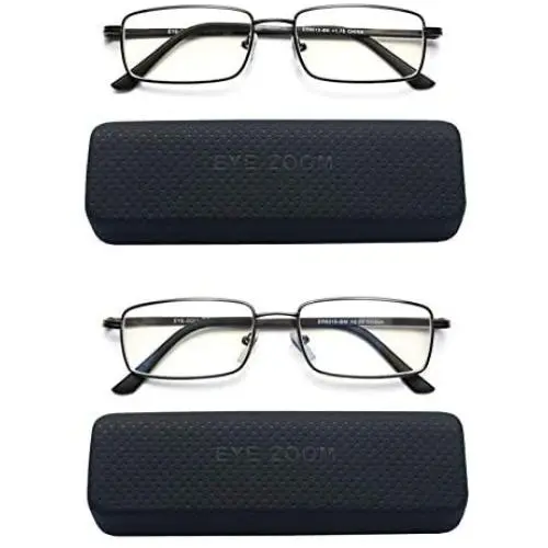 EYE ZOOM 2 Pack Blue Light Blocking Reading glasses Rectangular Metal Anti Blue Ray and UV Readers, Black, Gunmetal