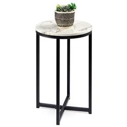 Best Choice Products 16in Side Table, Faux Marble Round End Table, Modern Small Accent Home Decor for Living Room, Dining Room, Tea, Coffee w/Metal Frame, Foot Caps, Designer - White/Matte Black