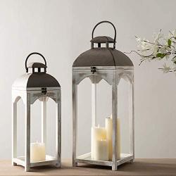 Glitzhome Mondern Farmhouse Wood Metal Lanterns Decorative Candle Lanterns Set of 2, White (No Glass)