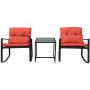 Pyramid Home Decor 3-Piece Rocking Bistro Set - Durable & Stylish Synthetic Wicker Outdoor Furniture - Glass Coffee Table with 2 Chairs for Balcony, Patio & Porch - Black Metal, Soft Red Cushions