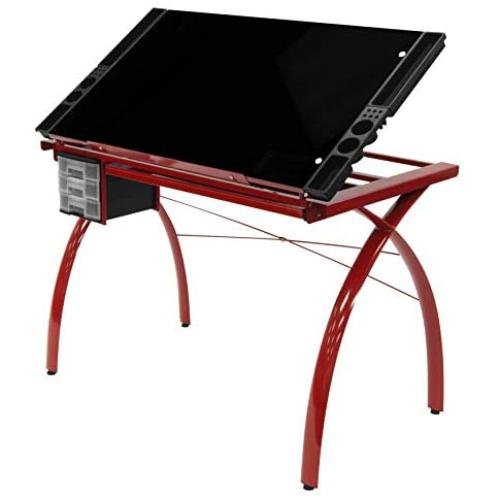 Futura Crafting, Drafting, Drawing Table with Adjustable Top, Red and Black Glass
