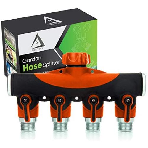 DBR Tech 4 Way Garden Hose Splitter for Outdoor Lawn and Gardening Hoses, Heavy Duty Metal Faucet Attachment, Leak Resistant Threading with Shut Off Valves, Four Way Spigot Adapter, Orange