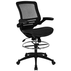 Flash Furniture Mid-Back Transparent Black Mesh Drafting Chair with Black Frame and Flip-Up Arms