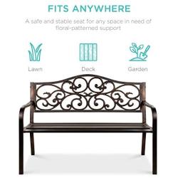 Best Choice Products 50in Classic Steel Garden Bench Chair Furniture for Outdoor, Patio, Yard, Lawn w/Floral Scroll Design - Bronze