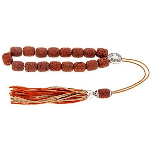 Brown Lava Stones (Long Beads), Handmade Greek Worry Beads or Komboloi with Alpaca Metal Parts on Pure Silk Cord & Tassel, Length 35cm (13.8)
