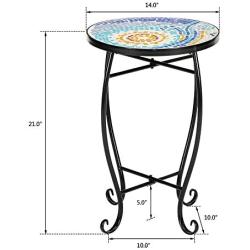 VINGLI Mosaic Accent Table, 14'' Round Side Table,End Table, Plant Stand Decor for Patio Porch Beach Theme Balcony Back Deck Pool Indoor Outdoor Coffee, Metal Cobalt Glass Top Black Iron(Blue Hawaii)