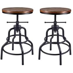 Topower American Antique Industrial Design Metal Adjustable Height Bar Stool Chair Kitchen Dining Breakfast Chair Natural Pinewood Industrial Style (Black 2pcs)