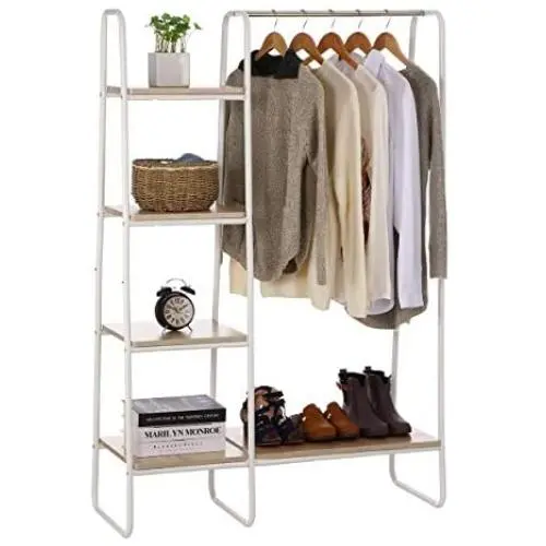 KINGSO Metal Garment Rack with Multi Wood Shelves, Multi-Functional Freestanding Storage Clothing Rack Easy Assembly, Heavy Duty Closet Organizer for Bedroom Entryway-White KINGSO Metal Garment Rack with Multi Wood Shelves, Multi-Functional Freestanding Storage Clothing Rack Easy Assembly, Heavy Duty Closet Organizer for Bedroom Entryway-White