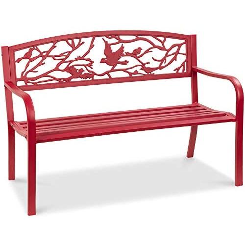 Best Choice Products Outdoor 50in Steel Park Bench Porch Chair Yard Furniture w/Pastoral Bird Design Backrest, Slatted Seat - Red