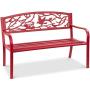 Best Choice Products Outdoor 50in Steel Park Bench Porch Chair Yard Furniture w/Pastoral Bird Design Backrest, Slatted Seat - Red