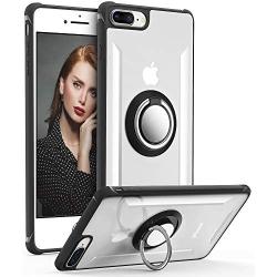 iPhone 7 Plus Case, Daupin Clear iPhone 8 Plus Case with 360 Rotatable Ring Kickstand Magnetic Metal Car Mount Hard PC Shockproof Protective Soft TPU Bumper Phone Case for iPhone 7/8 Plus (Black)