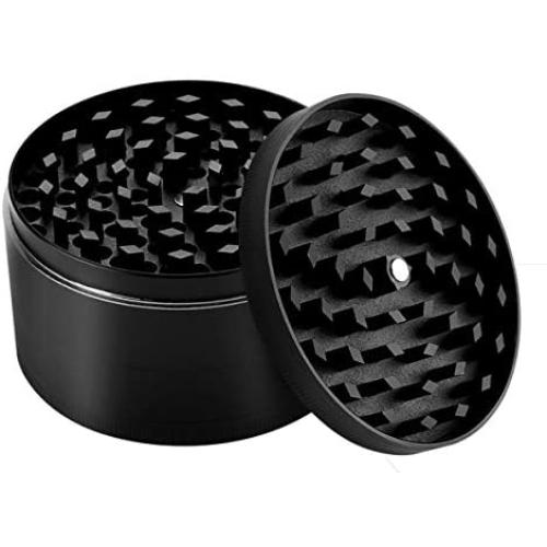 Large Herb Grinder 3 Inch 4 Chambers Flat Spice Grinder with Cleaning Brush (75mm) (Black) (Black)
