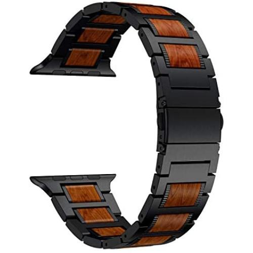LDFAS Compatible for Apple Watch Band 44mm 42mm, Natural Wood Red Sandalwood Stainless Steel Metal Strap for iWatch Bands Compatible for Apple Watch SE, Apple Watch Series 6/5/4/3, Black