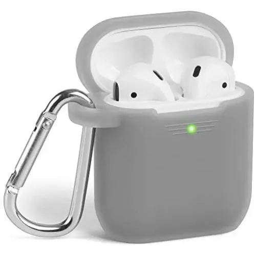 GMYLE AirPod Case, Silicone Protective Cover Skins with Keychain for Airpods Earbuds Wireless Charging Case, Accessories Set Compatible with Apple AirPods 2 & 1, Ash Grey [Front LED Visible]