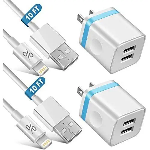 LUOSIKE iPhone Charger, 2-Pack 10 FT Long Lightning Cable Fast Charging Sync Cord with 2X Dual USB Wall Charger Plug Compatible with iPhone 11 Xs Max XR X 8 7 6S Plus SE iPad Mini Air Pro (4 in 1)