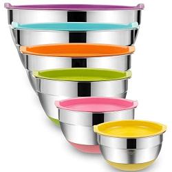 Mixing Bowls with Airtight Lids, 6 piece Stainless Steel Metal Bowls by Umite Chef, Colorful Non-Slip Bottoms Size 7, 3.5, 2.5, 2.0,1.5, 1QT, Great for Mixing & Serving