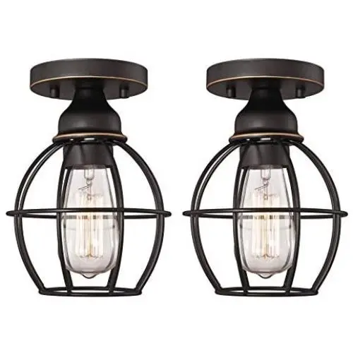 Gruenlich Semi Flush Mount Ceiling Light Fixture for Outdoor and Indoor, One E26 Medium Base 60W Max, Metal Housing and Metal Cage, Bulb not Included, 2-Pack (Oil Rubbed Bronze Finish)