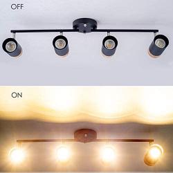 TeHenoo Adjustable Track Lighting Kit, 4-Lights Ceiling Light GU10 Bulb with Metal and Wood Shade for Living Room, Kitchen, Utility Room (Black)