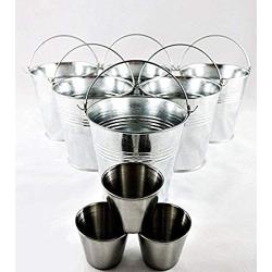 THORIUM 6 Piece Galvanized Mini 4'' x 4'' x 3'' Metal Buckets, Silver Tinplate Serving Pails for Herbs, Flowers, Candy, Even Decor, Party Favours Complete with 3 Sauce Ramekins