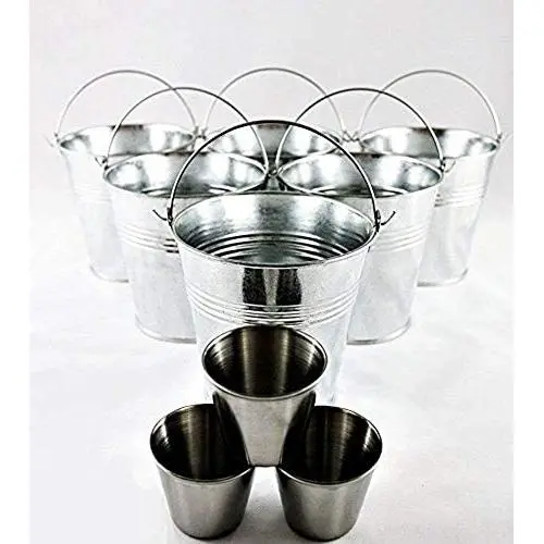 THORIUM 6 Piece Galvanized Mini 4'' x 4'' x 3'' Metal Buckets, Silver Tinplate Serving Pails for Herbs, Flowers, Candy, Even Decor, Party Favours Complete with 3 Sauce Ramekins THORIUM 6 Piece Galvanized Mini 4'' x 4'' x 3'' Metal Buckets, Silver Tinplate Serving Pails for Herbs, Flowers, Candy, Even Decor, Party Favours Complete with 3 Sauce Ramekins