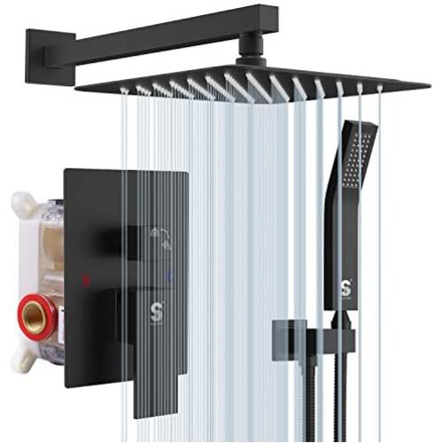 SR SUN RISE Matte Black Shower System 10 Inches Brass Bathroom Luxury Rain Mixer Shower Combo Set Wall Mounted Rainfall Shower Head System Shower Faucet Rough-in Valve Body and Trim Included