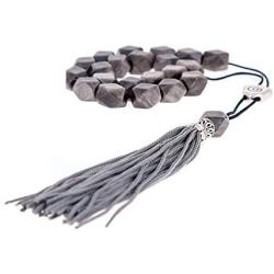 Grey Obsidian Gemstone (Edged Beads), Handmade Greek Worry Beads or Komboloi with Alpaca Metal Parts on Pure Silk Cord & Tassel, Length 34cm (13.4)