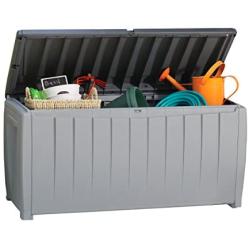 Keter Novel 90 Gallon Resin Deck Box-Organization and Storage for Patio Furniture Outdoor Cushions, Throw Pillows, Garden Tools and Pool Toys, Grey/Black