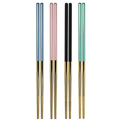 loopki Stainless Steel Reusable Chopsticks Set,Multicolor Reusable Chopsticks Stainless Steel Metal Chopsticks Set with Case，4 Pairs Chopsticks Dishwasher Safe (Gold-4 Pairs Chopsticks)