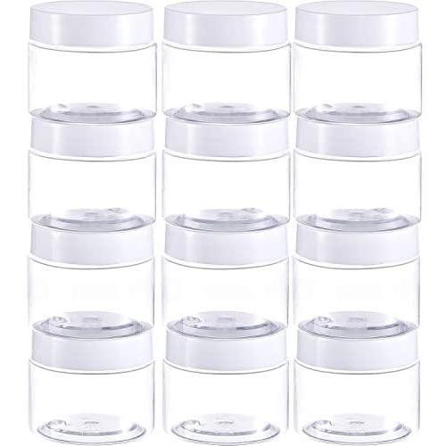 12 Pack Clear Plastic Storage Favor Jars Wide-Mouth Plastic Containers with Lids for Beauty Products (2 Ounce, White)