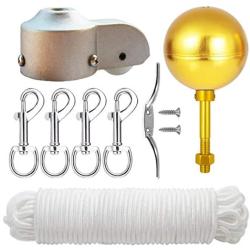 EKEV Flag Pole Hardware Parts Repair Kits - 3'' Topper Gold Ball + 50 Ft Halyard Rope + 6'' Cleat Hook + 4 Flag Swivel Snap Hooks + Flagpole Pulley Truck for 2'' OD Tube