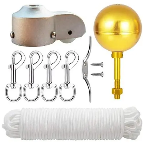 EKEV Flag Pole Hardware Parts Repair Kits - 3'' Topper Gold Ball + 50 Ft Halyard Rope + 6'' Cleat Hook + 4 Flag Swivel Snap Hooks + Flagpole Pulley Truck for 2'' OD Tube EKEV Flag Pole Hardware Parts Repair Kits - 3'' Topper Gold Ball + 50 Ft Halyard Rope + 6'' Cleat Hook + 4 Flag Swivel Snap Hooks + Flagpole Pulley Truck for 2'' OD Tube